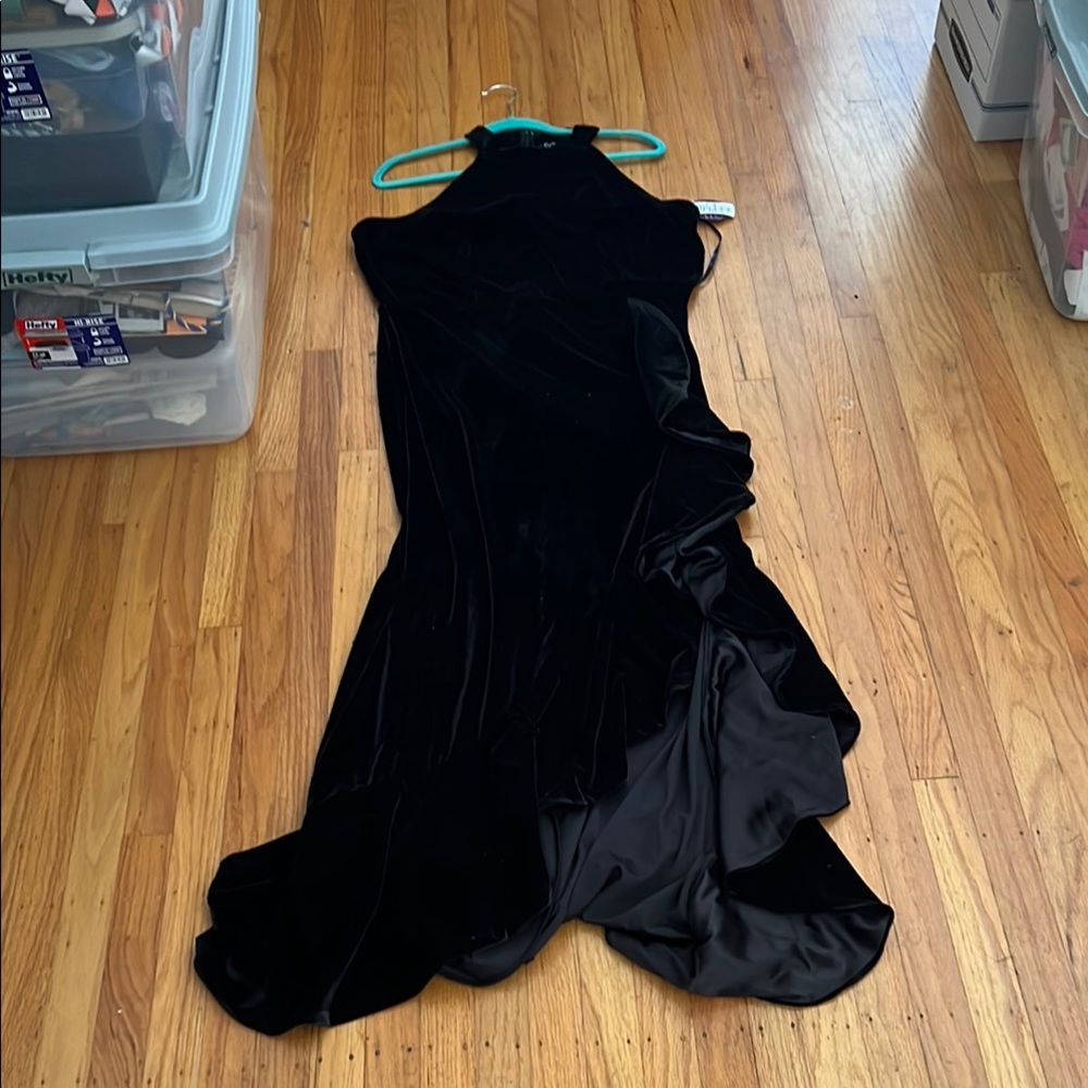 Windsor Black Sleeveless high Halter Gown black velvet high slit ruffle formal